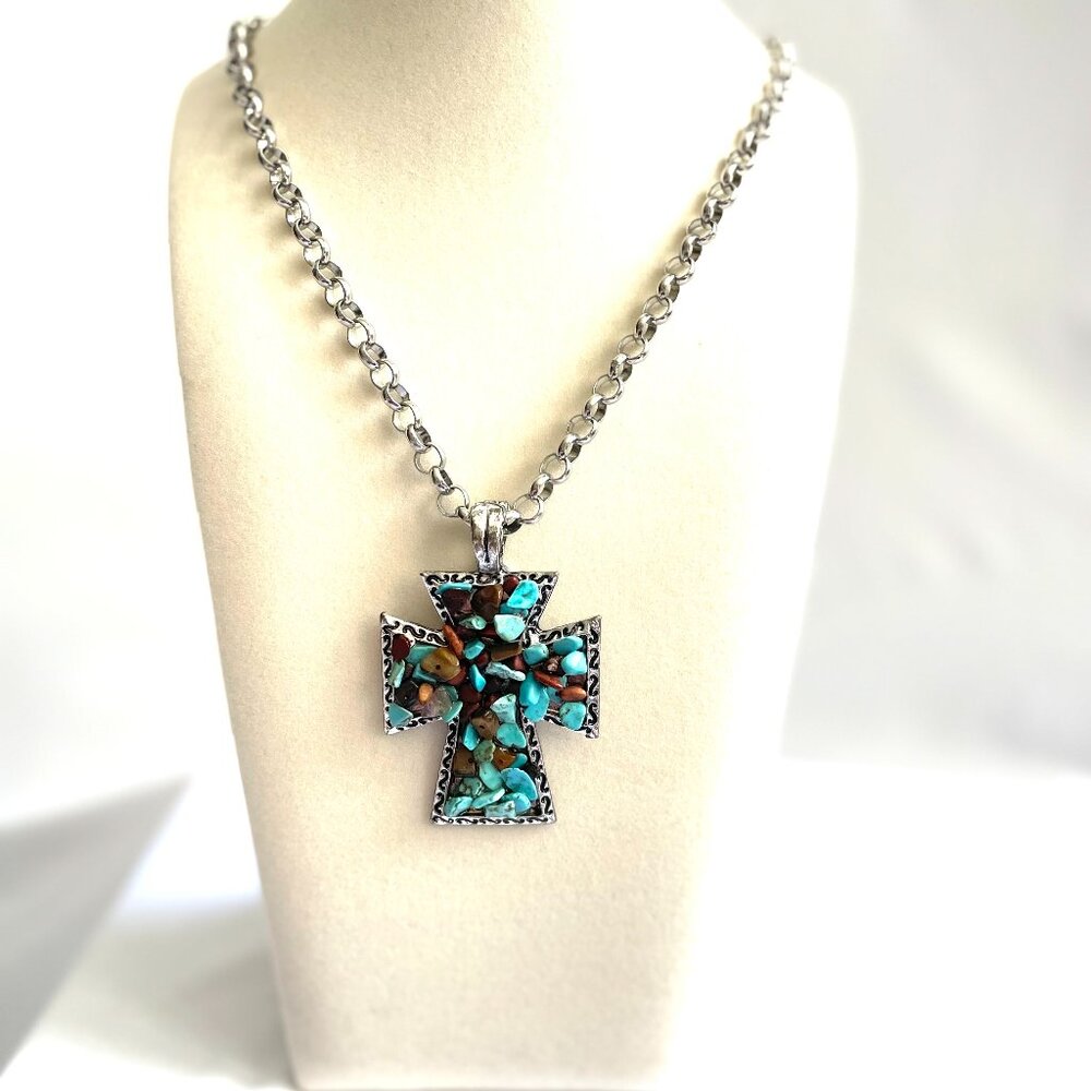 Cross Necklace Turquoise and TIger Eye